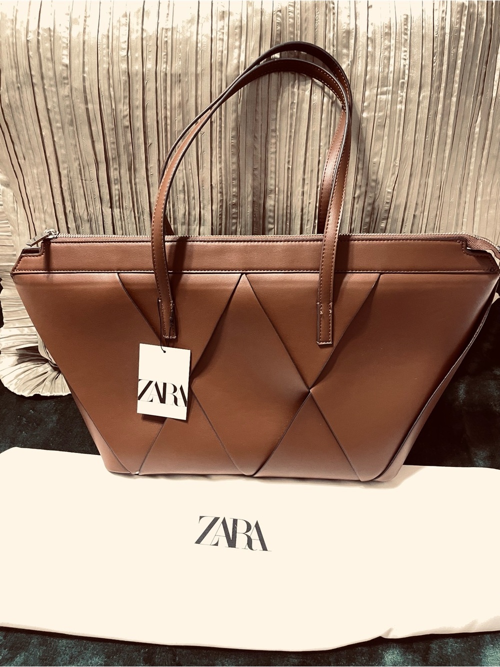 Zara Brown Quilted Tote with Top Handles